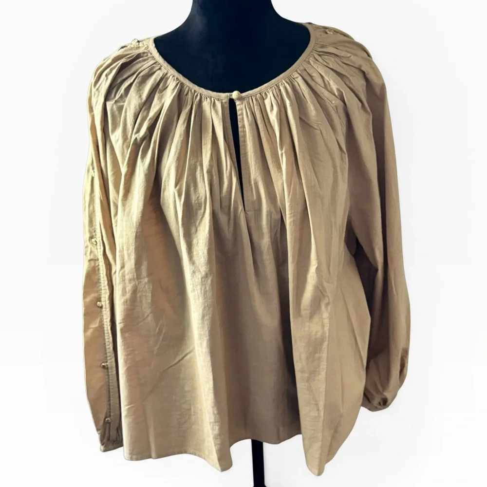LOFT button puff long sleeves Tan Gathered split Neck Blouse Sz XL‎